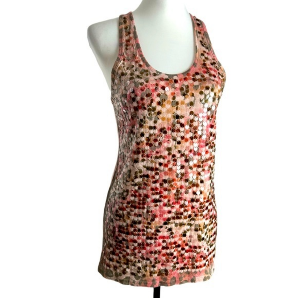 Almost Famous Sequin Racerback Tank‎ Top Pink Gold Womens Medium